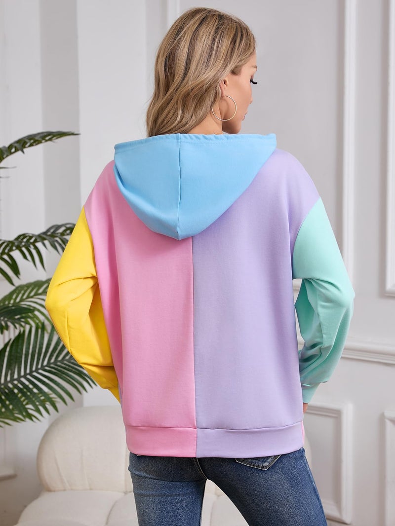 SweatyRocks Women's Cute Color Block Drawstring Hoodies Long Sleeve Pullover Hooded Sweatshirts Top Purple Pink X-Large - Image 2